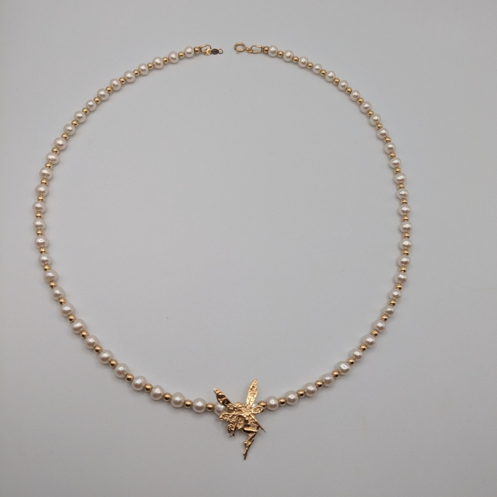 14k Yellow Gold Beaded Pearl Necklace With Fairy Pendant - Picture 2 of 15